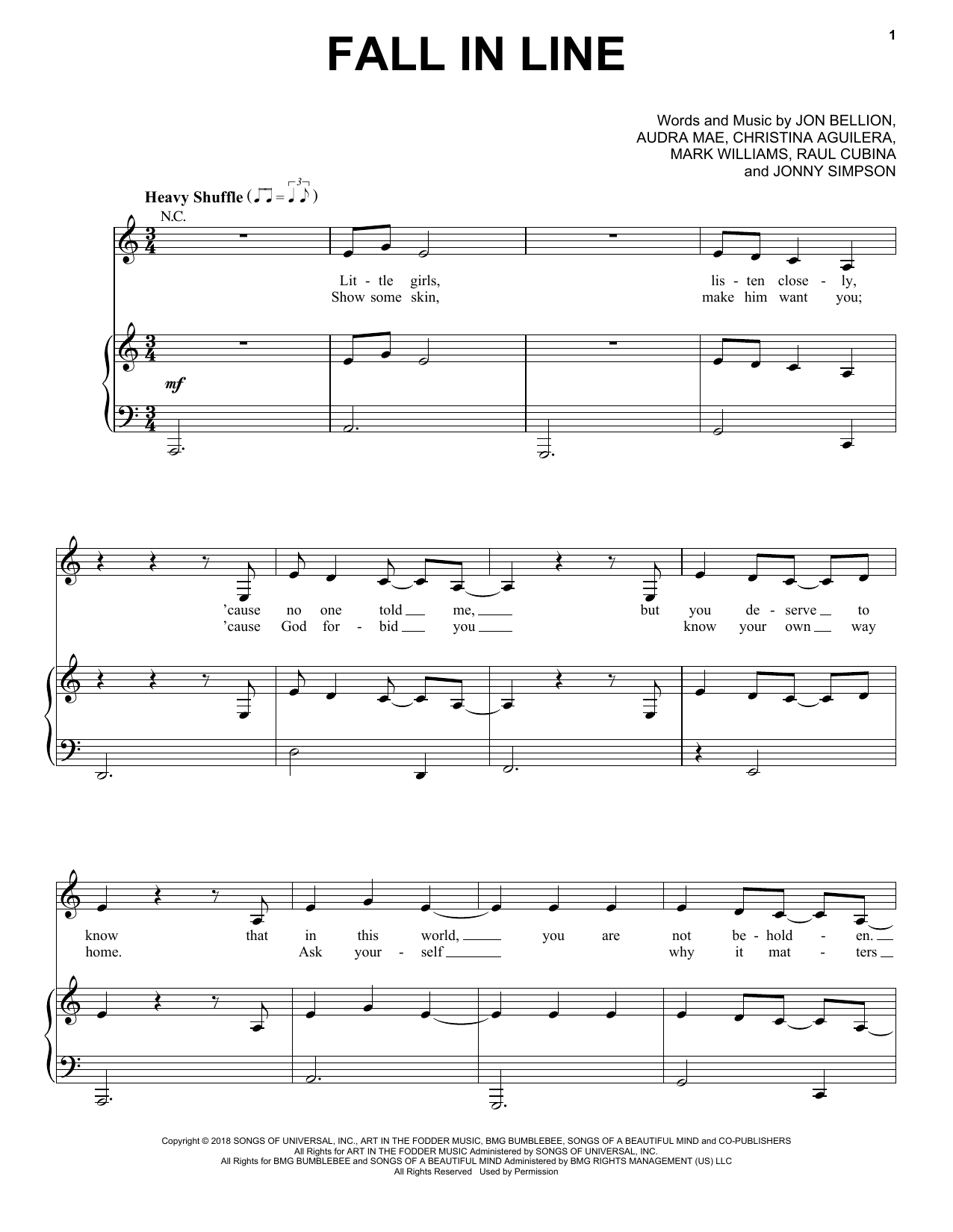Christina Aguilera feat. Demi Lovato Fall In Line sheet music notes and chords arranged for Piano, Vocal & Guitar Chords (Right-Hand Melody)