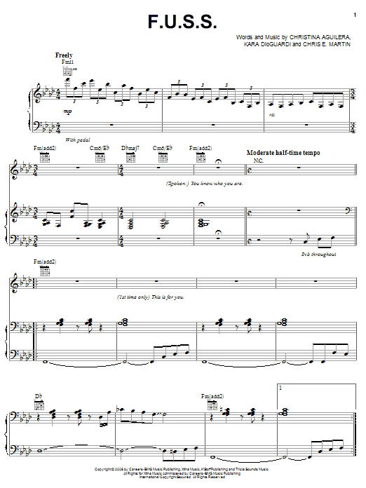Christina Aguilera F.U.S.S. sheet music notes and chords arranged for Piano, Vocal & Guitar Chords (Right-Hand Melody)