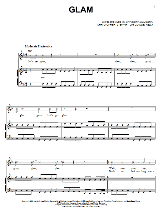 Christina Aguilera Glam sheet music notes and chords arranged for Piano, Vocal & Guitar Chords (Right-Hand Melody)