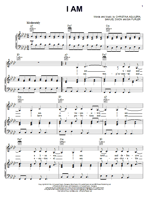 Christina Aguilera I Am sheet music notes and chords arranged for Piano, Vocal & Guitar Chords (Right-Hand Melody)