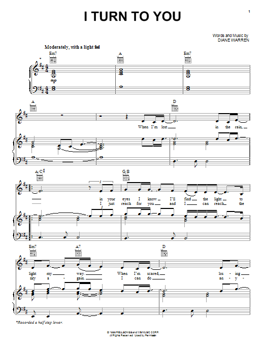 Christina Aguilera I Turn To You sheet music notes and chords arranged for Piano, Vocal & Guitar Chords (Right-Hand Melody)