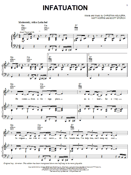 Christina Aguilera Infatuation sheet music notes and chords arranged for Piano, Vocal & Guitar Chords (Right-Hand Melody)