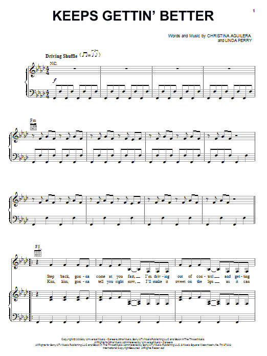 Christina Aguilera Keeps Gettin' Better sheet music notes and chords arranged for Piano, Vocal & Guitar Chords (Right-Hand Melody)