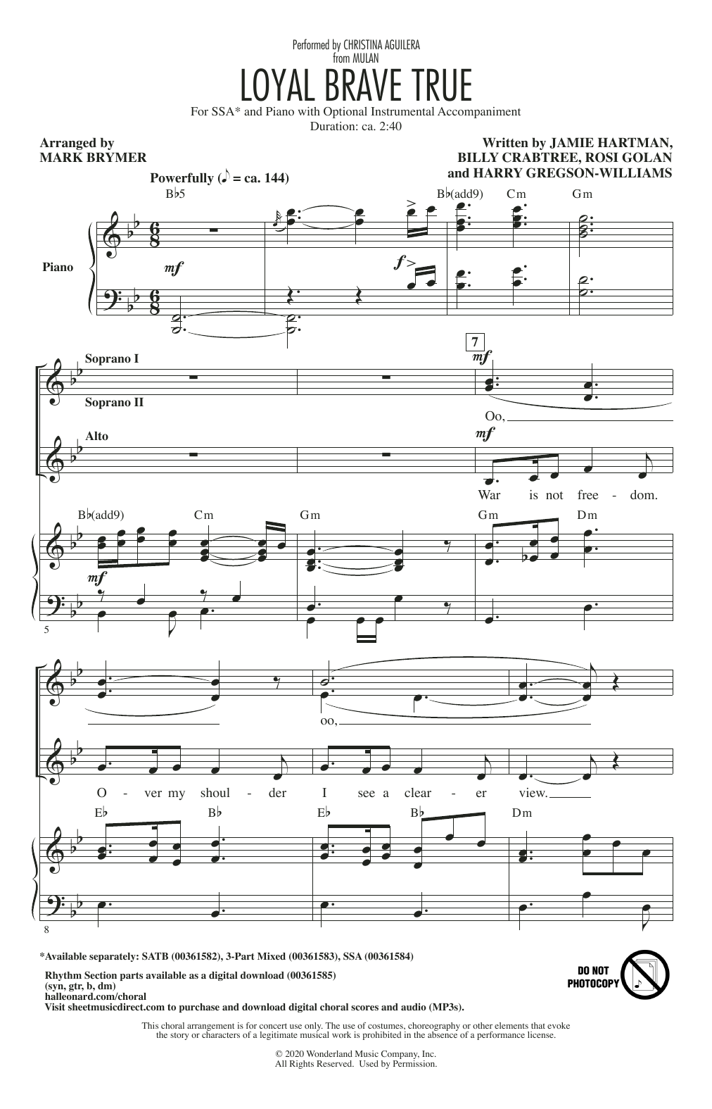 Christina Aguilera Loyal Brave True (from Mulan) (arr. Mark Brymer) sheet music notes and chords arranged for SSA Choir