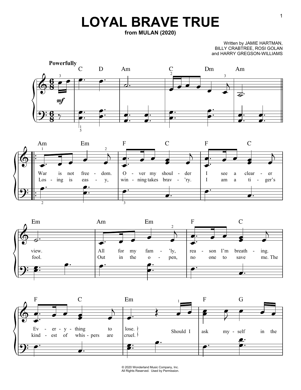 Christina Aguilera Loyal Brave True (from Mulan) sheet music notes and chords arranged for 5-Finger Piano