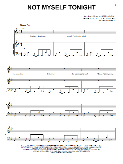 Christina Aguilera Not Myself Tonight sheet music notes and chords arranged for Piano, Vocal & Guitar Chords (Right-Hand Melody)