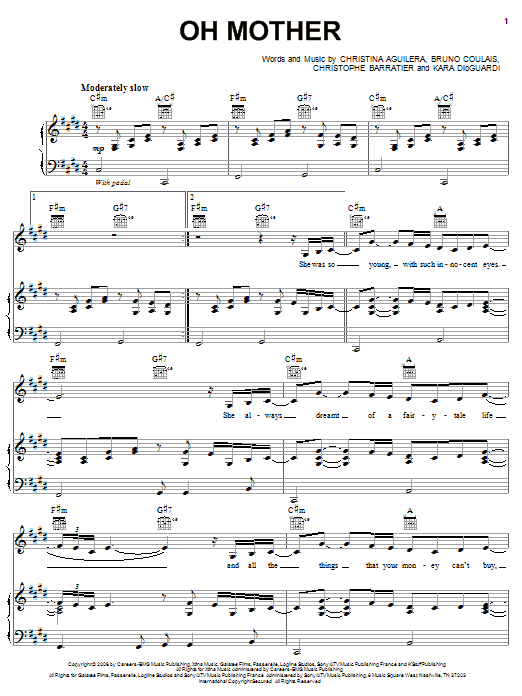 Christina Aguilera Oh Mother sheet music notes and chords arranged for Piano, Vocal & Guitar Chords (Right-Hand Melody)