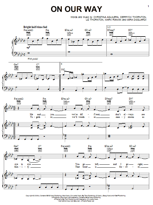 Christina Aguilera On Our Way sheet music notes and chords arranged for Piano, Vocal & Guitar Chords (Right-Hand Melody)