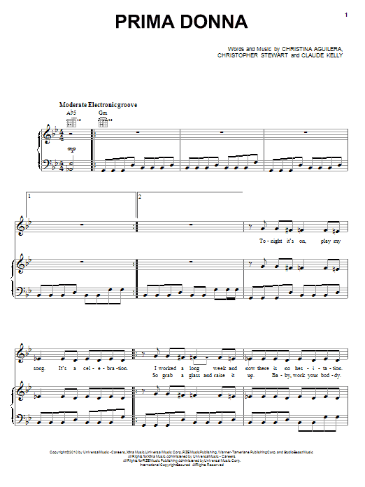 Christina Aguilera Prima Donna sheet music notes and chords arranged for Piano, Vocal & Guitar Chords (Right-Hand Melody)