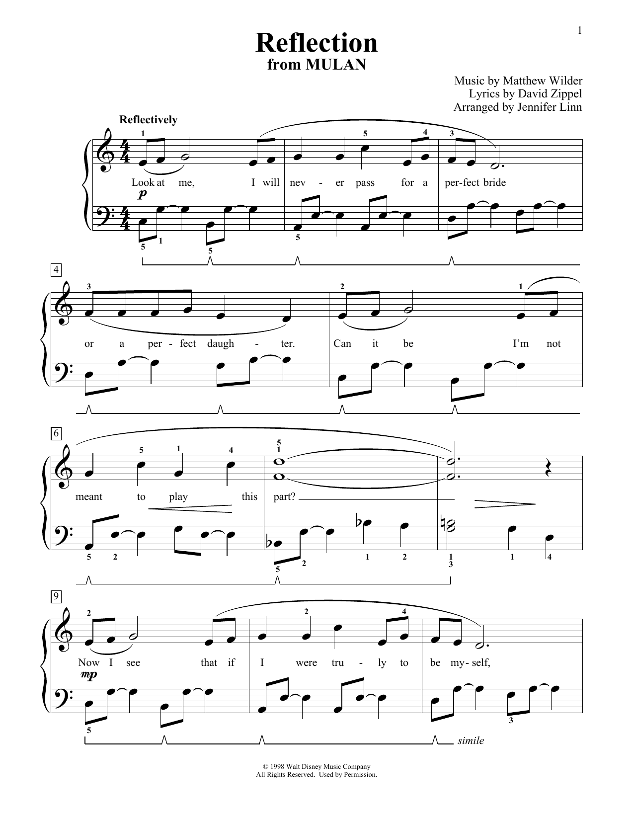 Christina Aguilera Reflection (from Mulan) (arr. Jennifer Linn) sheet music notes and chords arranged for Educational Piano