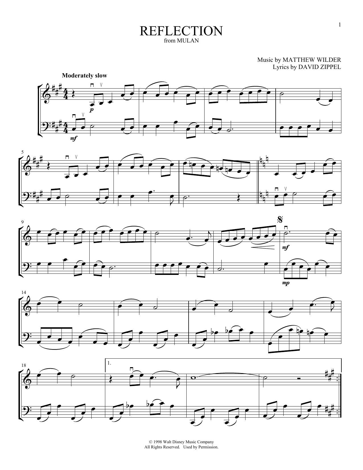 Christina Aguilera Reflection (from Mulan) (arr. Michelle Hynson) sheet music notes and chords arranged for Instrumental Duet