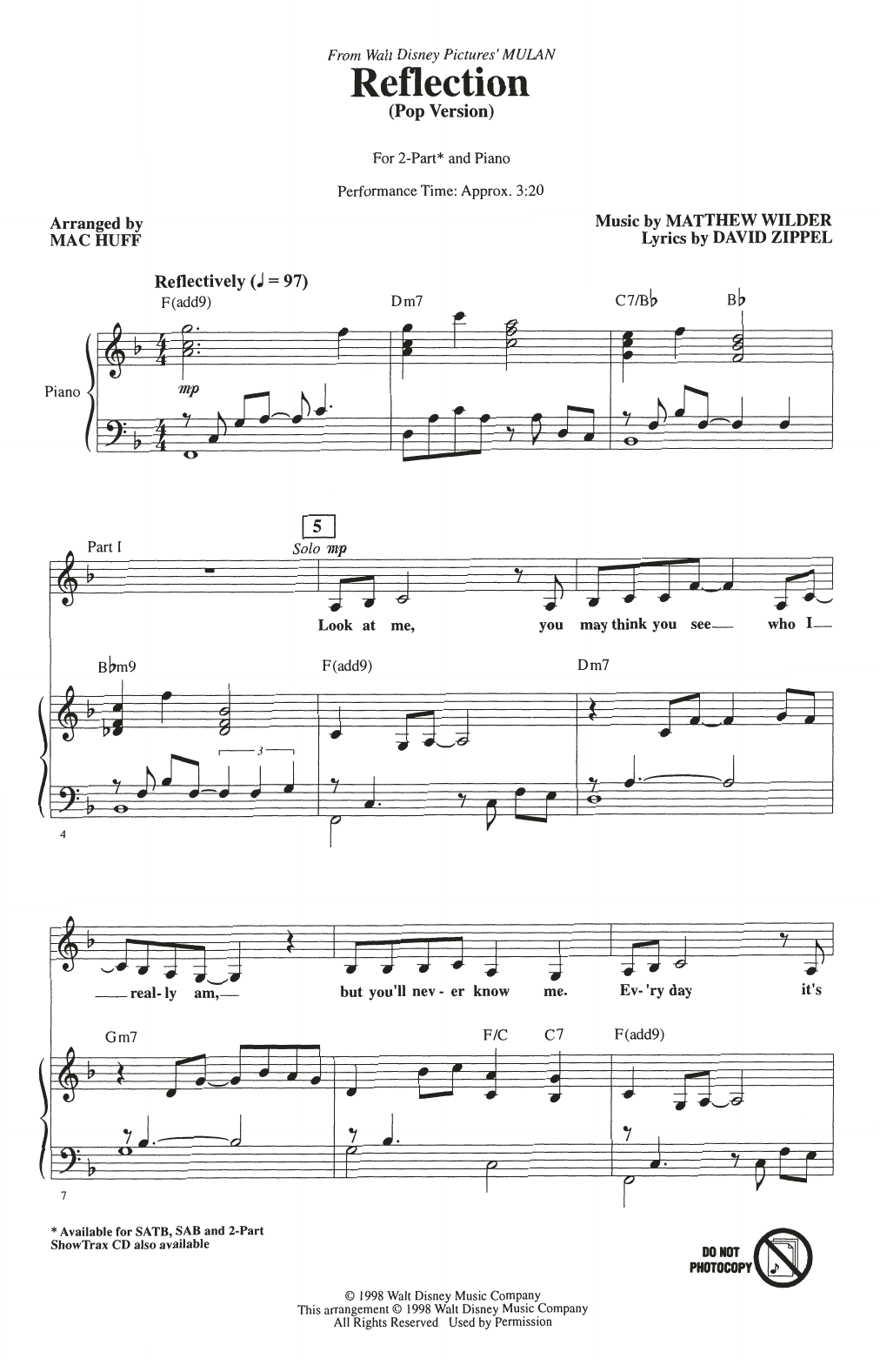 Christina Aguilera Reflection (Pop Version) (from Mulan) (arr. Mac Huff) sheet music notes and chords arranged for 2-Part Choir