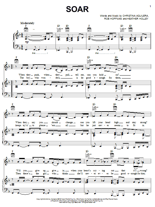 Christina Aguilera Soar sheet music notes and chords arranged for Piano, Vocal & Guitar Chords (Right-Hand Melody)