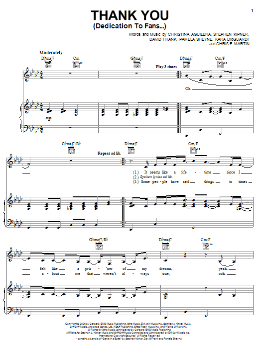 Christina Aguilera Thank You (Dedication To Fans...) sheet music notes and chords arranged for Piano, Vocal & Guitar Chords (Right-Hand Melody)