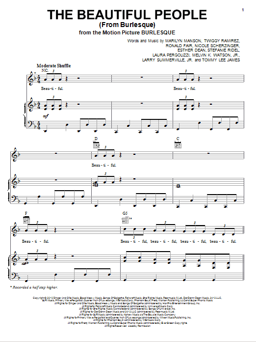 Christina Aguilera The Beautiful People (from Burlesque) sheet music notes and chords arranged for Piano, Vocal & Guitar Chords (Right-Hand Melody)