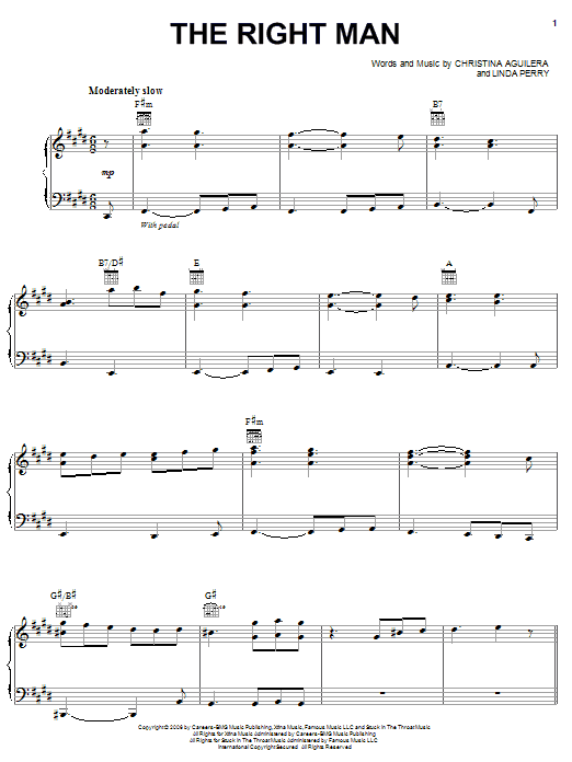 Christina Aguilera The Right Man sheet music notes and chords arranged for Piano, Vocal & Guitar Chords (Right-Hand Melody)
