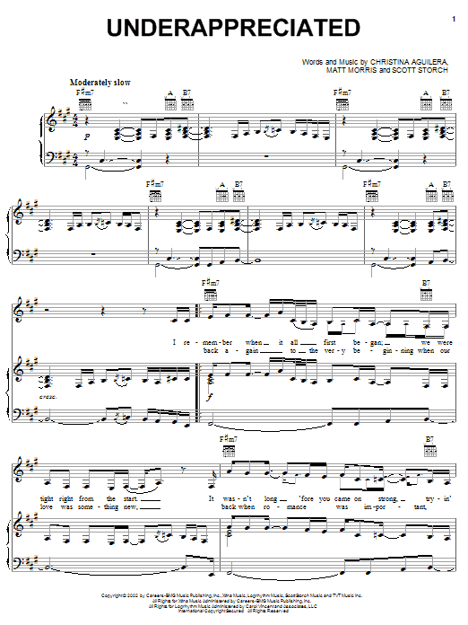 Christina Aguilera Underappreciated sheet music notes and chords arranged for Piano, Vocal & Guitar Chords (Right-Hand Melody)
