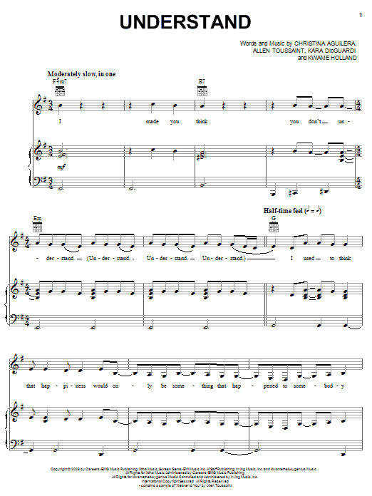 Christina Aguilera Understand sheet music notes and chords arranged for Piano, Vocal & Guitar Chords (Right-Hand Melody)
