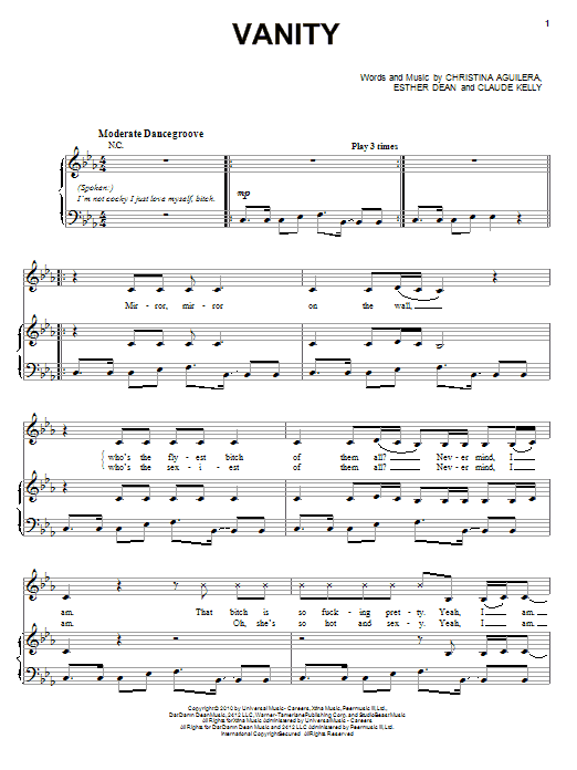 Christina Aguilera Vanity sheet music notes and chords arranged for Piano, Vocal & Guitar Chords (Right-Hand Melody)