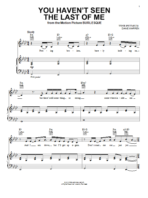 Christina Aguilera You Haven't Seen The Last Of Me sheet music notes and chords arranged for Piano, Vocal & Guitar Chords (Right-Hand Melody)