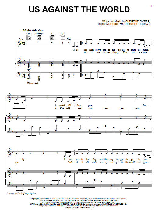 Christina Milian Us Against The World sheet music notes and chords arranged for Piano, Vocal & Guitar Chords (Right-Hand Melody)