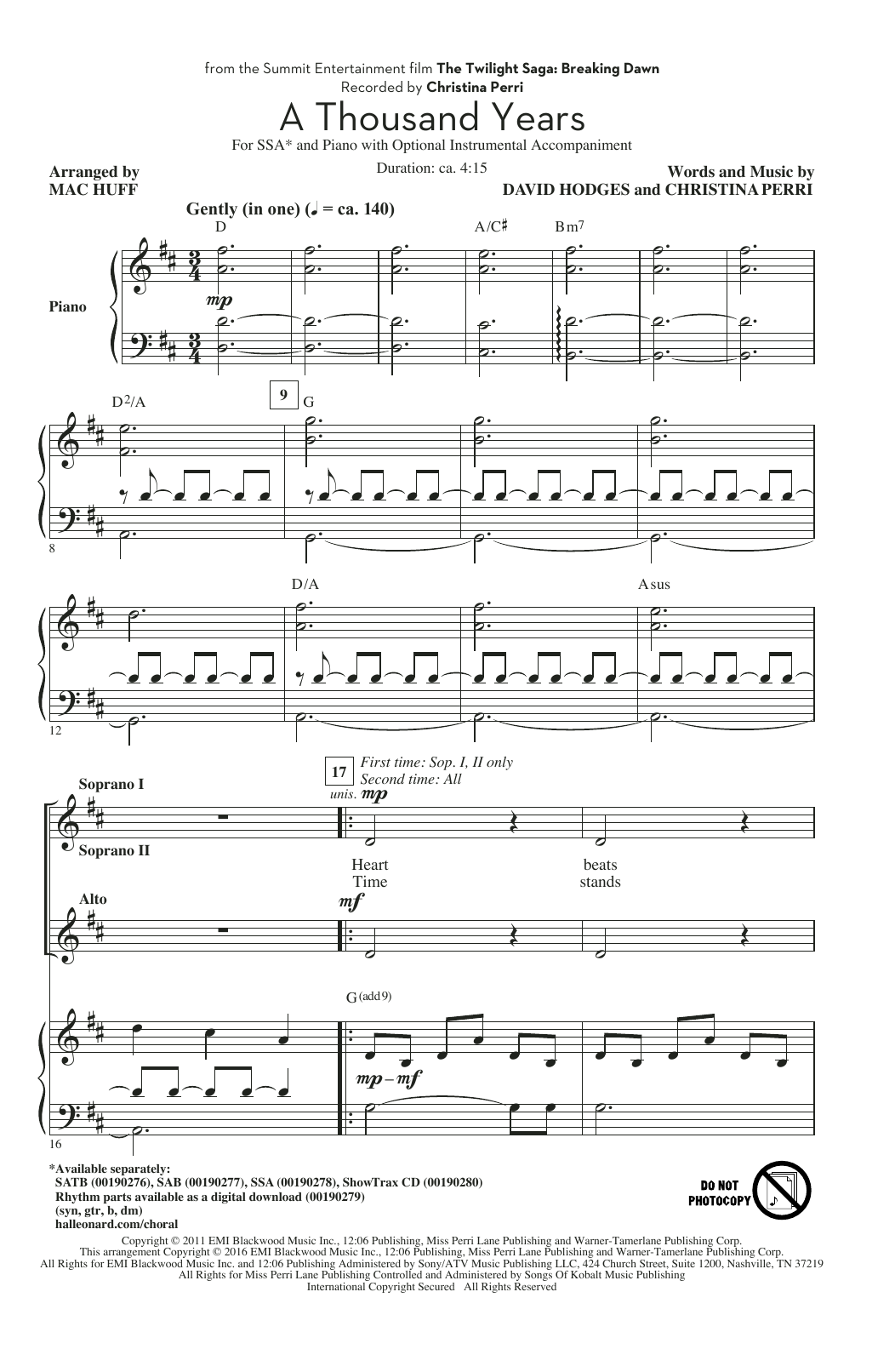 Christina Perri A Thousand Years (arr. Mac Huff) sheet music notes and chords arranged for SSA Choir