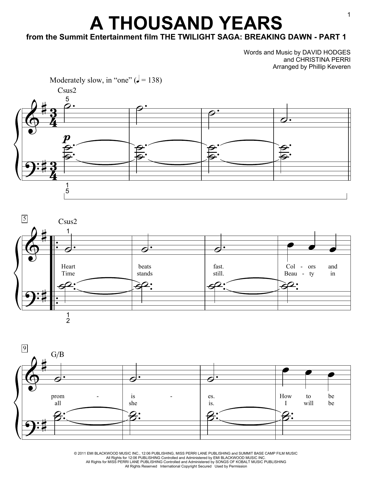 Christina Perri A Thousand Years (arr. Phillip Keveren) sheet music notes and chords arranged for Easy Piano