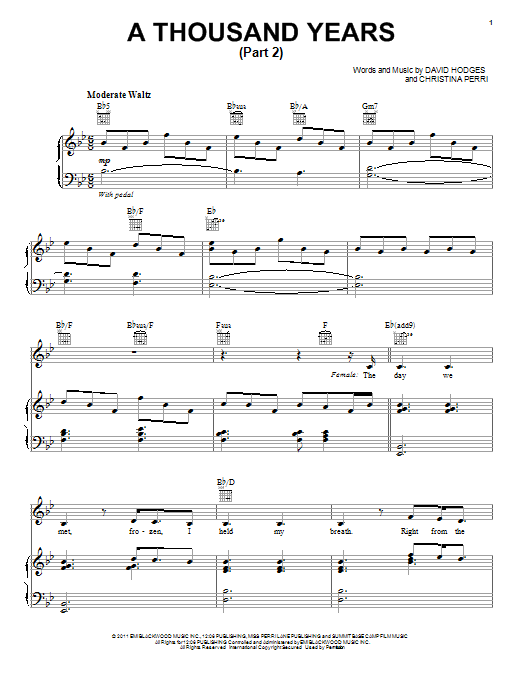 Christina Perri A Thousand Years (Part 2) sheet music notes and chords arranged for Piano, Vocal & Guitar Chords (Right-Hand Melody)