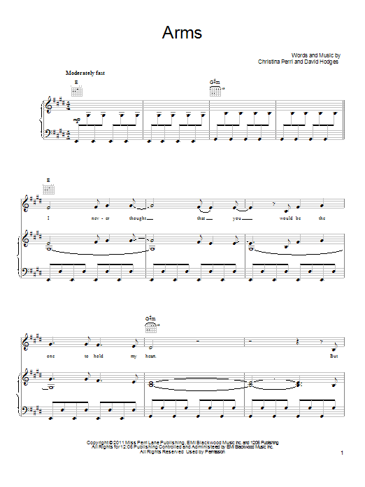 Christina Perri Arms sheet music notes and chords arranged for Piano, Vocal & Guitar Chords