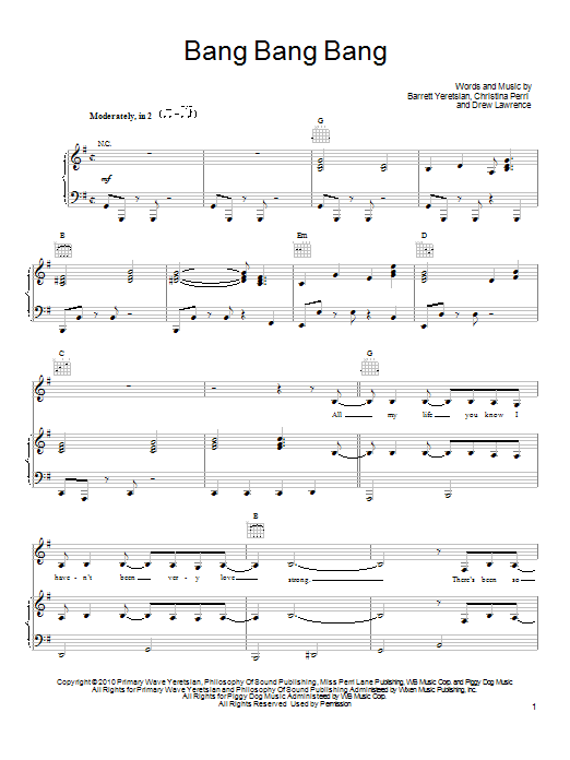 Christina Perri Bang Bang Bang sheet music notes and chords arranged for Piano, Vocal & Guitar Chords (Right-Hand Melody)