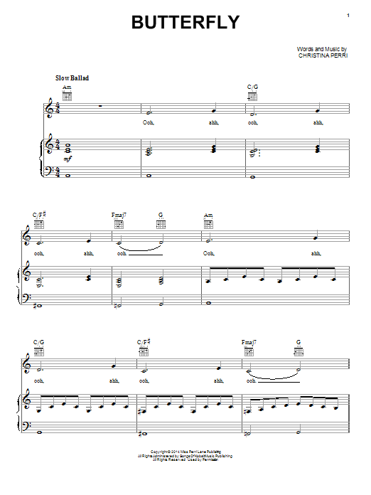 Christina Perri Butterfly sheet music notes and chords arranged for Piano, Vocal & Guitar Chords (Right-Hand Melody)