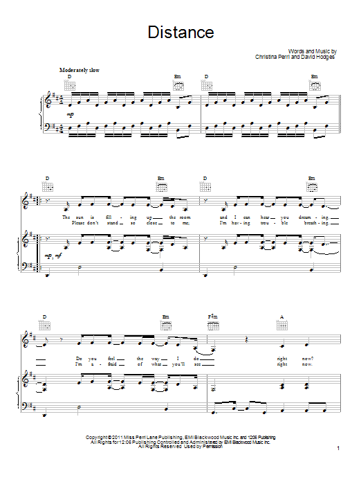 Christina Perri Distance sheet music notes and chords arranged for Piano, Vocal & Guitar Chords (Right-Hand Melody)