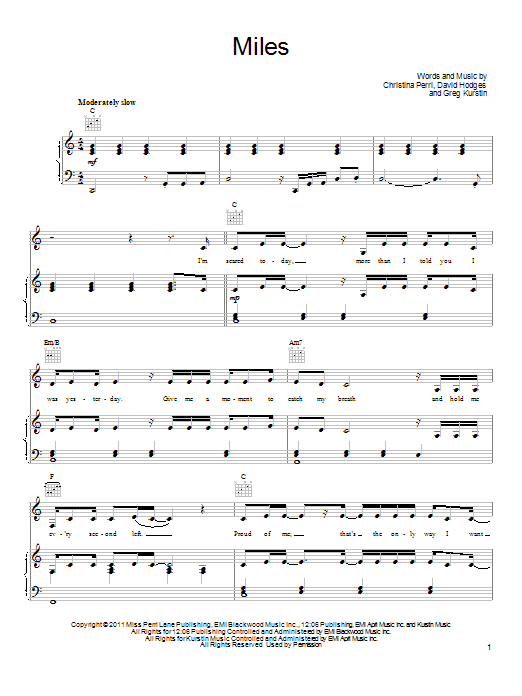 Christina Perri Miles sheet music notes and chords arranged for Piano, Vocal & Guitar Chords (Right-Hand Melody)