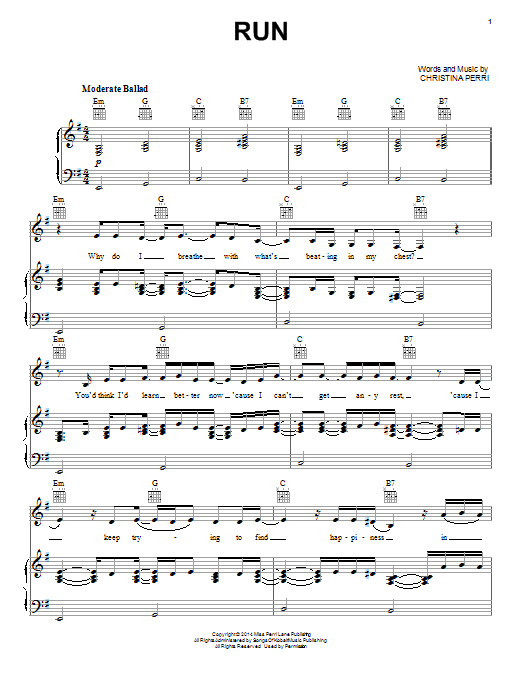 Christina Perri Run sheet music notes and chords arranged for Piano, Vocal & Guitar Chords (Right-Hand Melody)