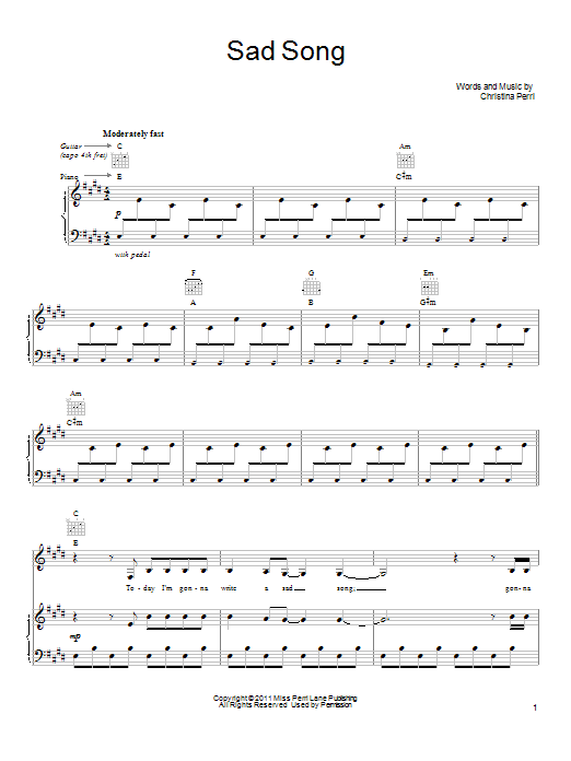 Christina Perri Sad Song sheet music notes and chords arranged for Piano, Vocal & Guitar Chords (Right-Hand Melody)
