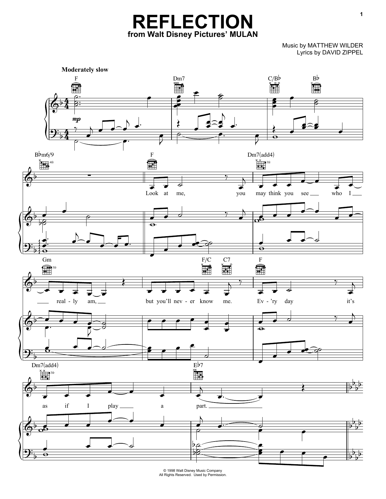 Christina Aguilera Reflection (Pop Version) (from Mulan) sheet music notes and chords. Download Printable PDF.