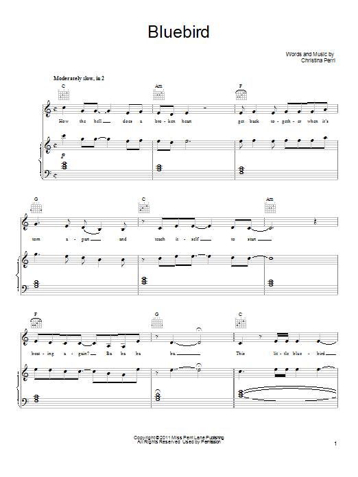 Christina Perri Bluebird sheet music notes and chords arranged for Piano, Vocal & Guitar Chords (Right-Hand Melody)