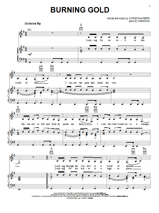 Christina Perri Burning Gold sheet music notes and chords arranged for Piano, Vocal & Guitar Chords (Right-Hand Melody)