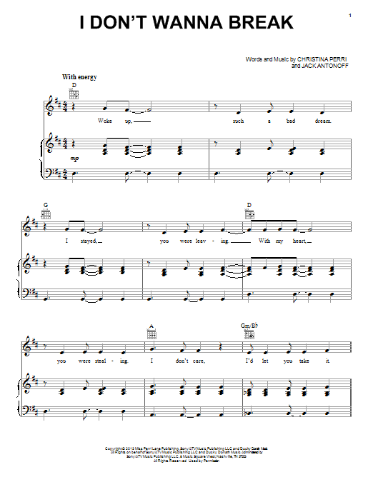 Christina Perri I Don't Wanna Break sheet music notes and chords arranged for Piano, Vocal & Guitar Chords (Right-Hand Melody)