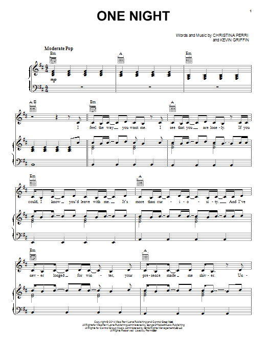 Christina Perri One Night sheet music notes and chords arranged for Piano, Vocal & Guitar Chords (Right-Hand Melody)