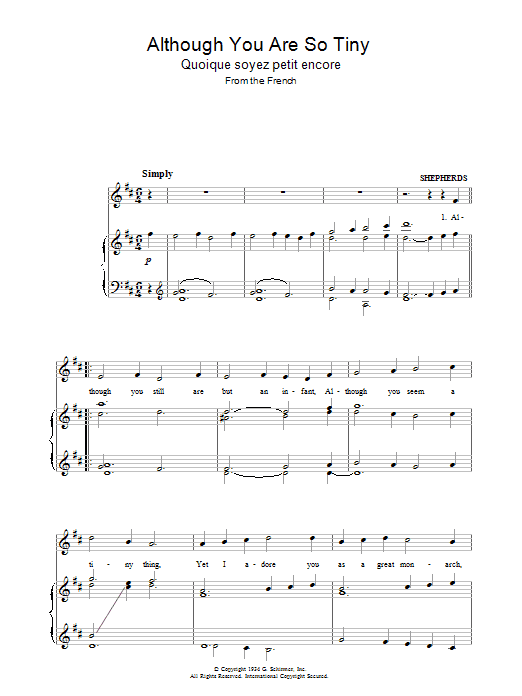 Christmas Carol Although You Are So Tiny sheet music notes and chords arranged for Piano, Vocal & Guitar Chords