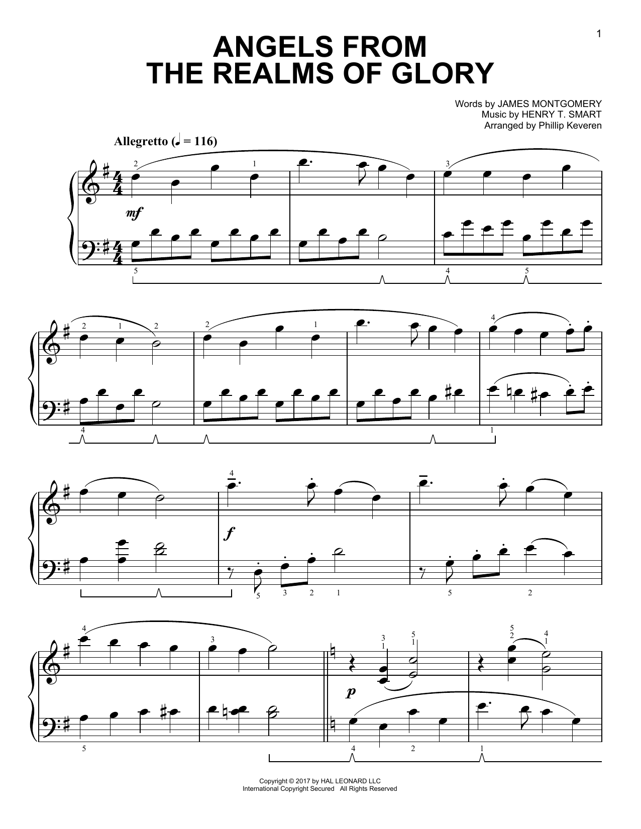 Christmas Carol Angels From The Realms Of Glory [Classical version] (arr. Phillip Keveren) sheet music notes and chords arranged for Easy Piano