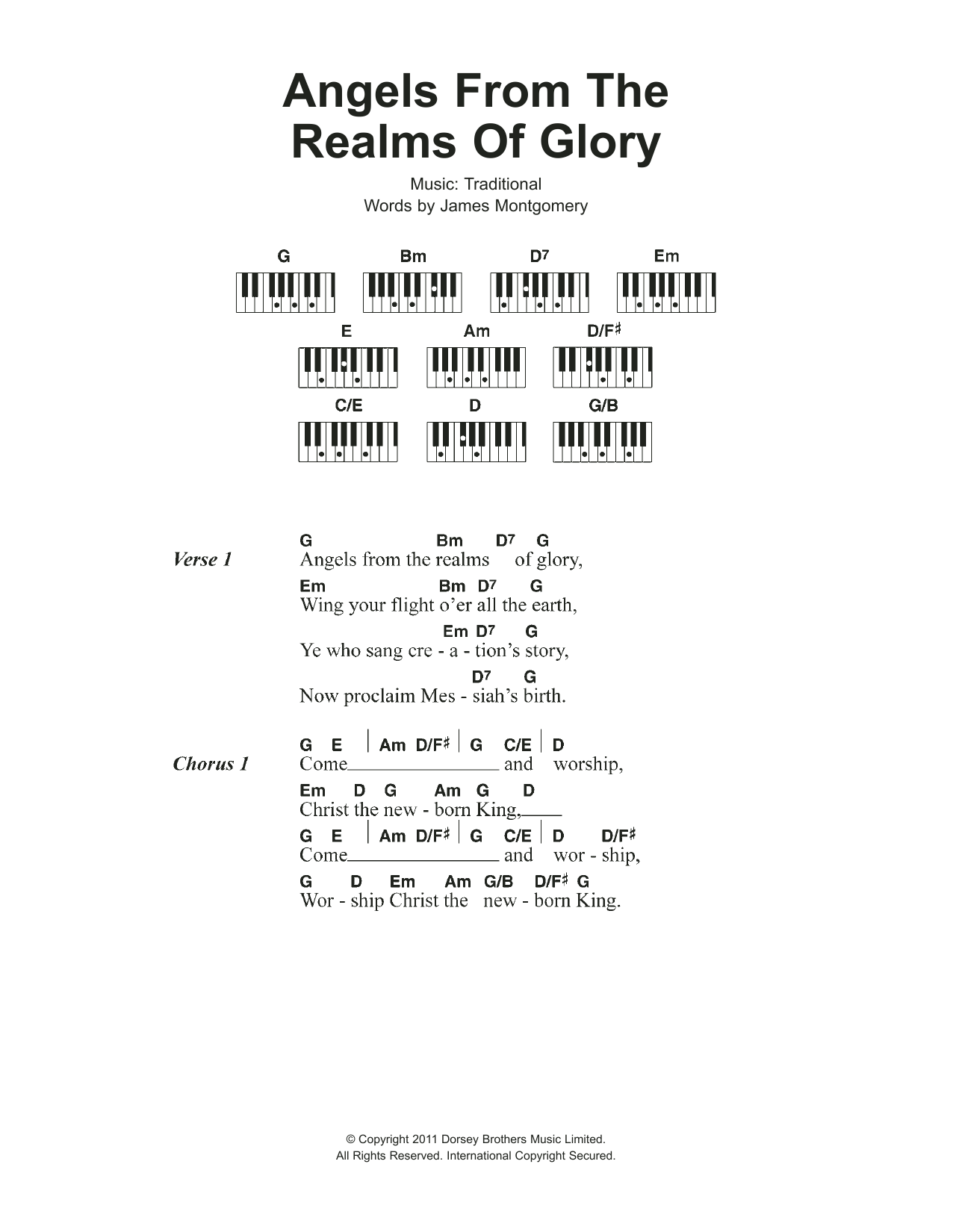 Christmas Carol Angels From The Realms Of Glory sheet music notes and chords arranged for Piano Chords/Lyrics