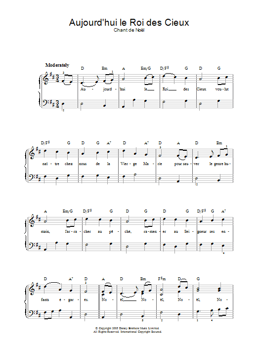 Christmas Carol Aujourd'hui Le Roi Des Cieux sheet music notes and chords arranged for Piano, Vocal & Guitar Chords