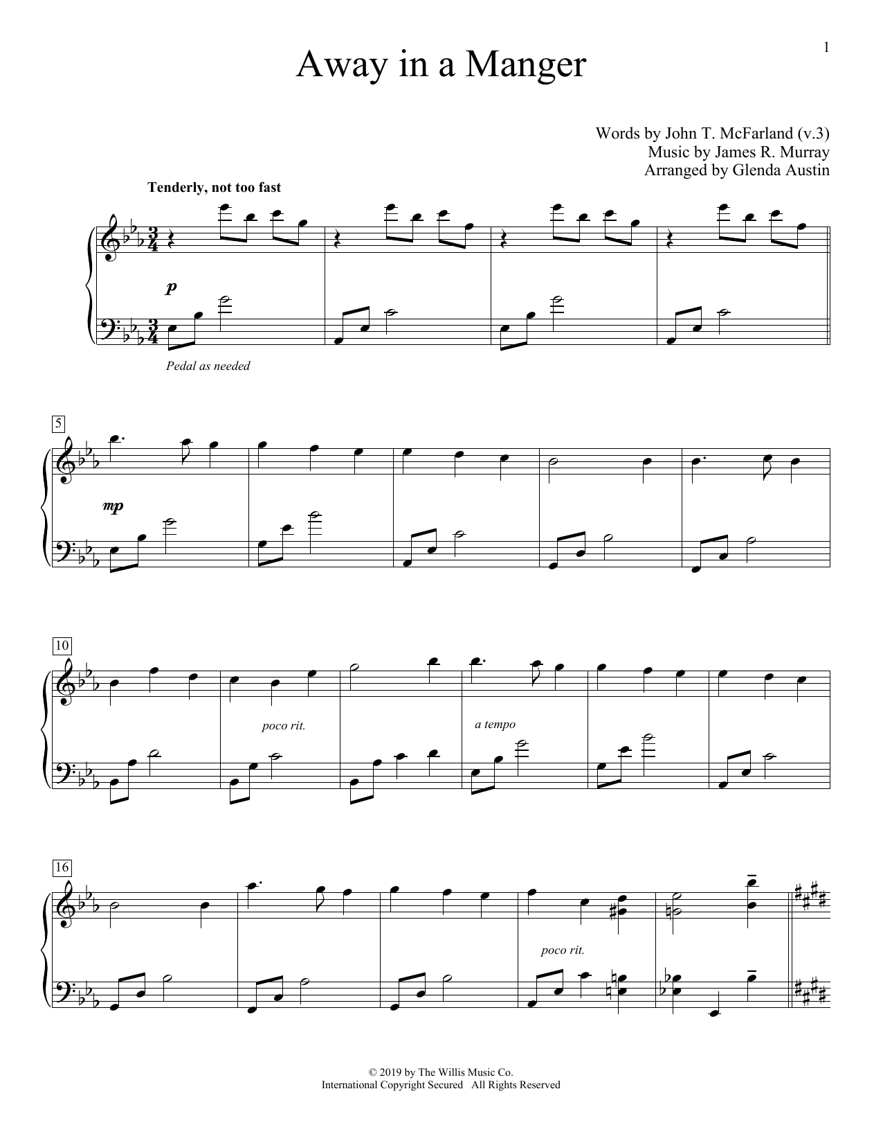 Christmas Carol Away In A Manger (arr. Glenda Austin) sheet music notes and chords arranged for Piano Solo