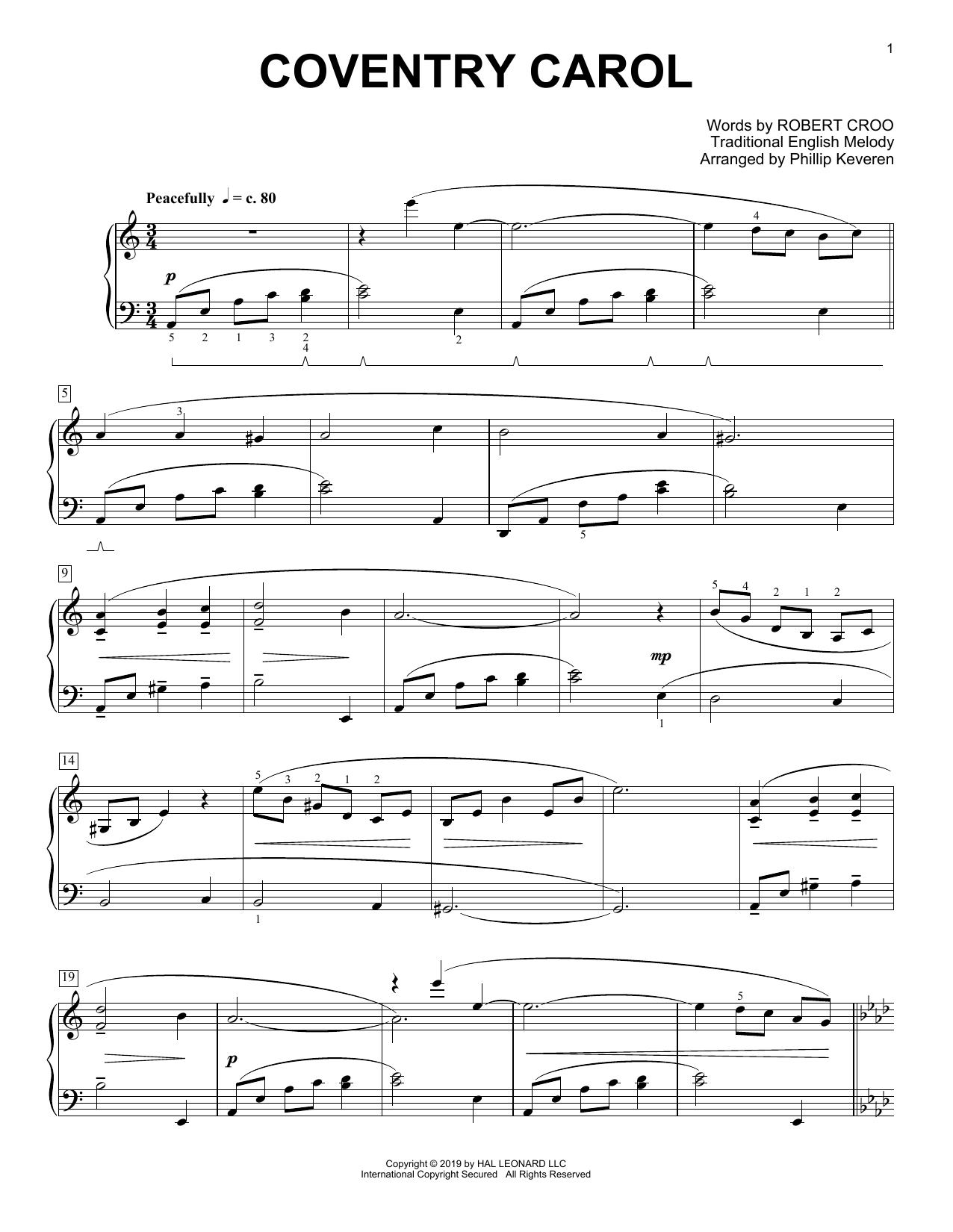 Christmas Carol Coventry Carol [Classical version] (arr. Phillip Keveren) sheet music notes and chords arranged for Piano Solo