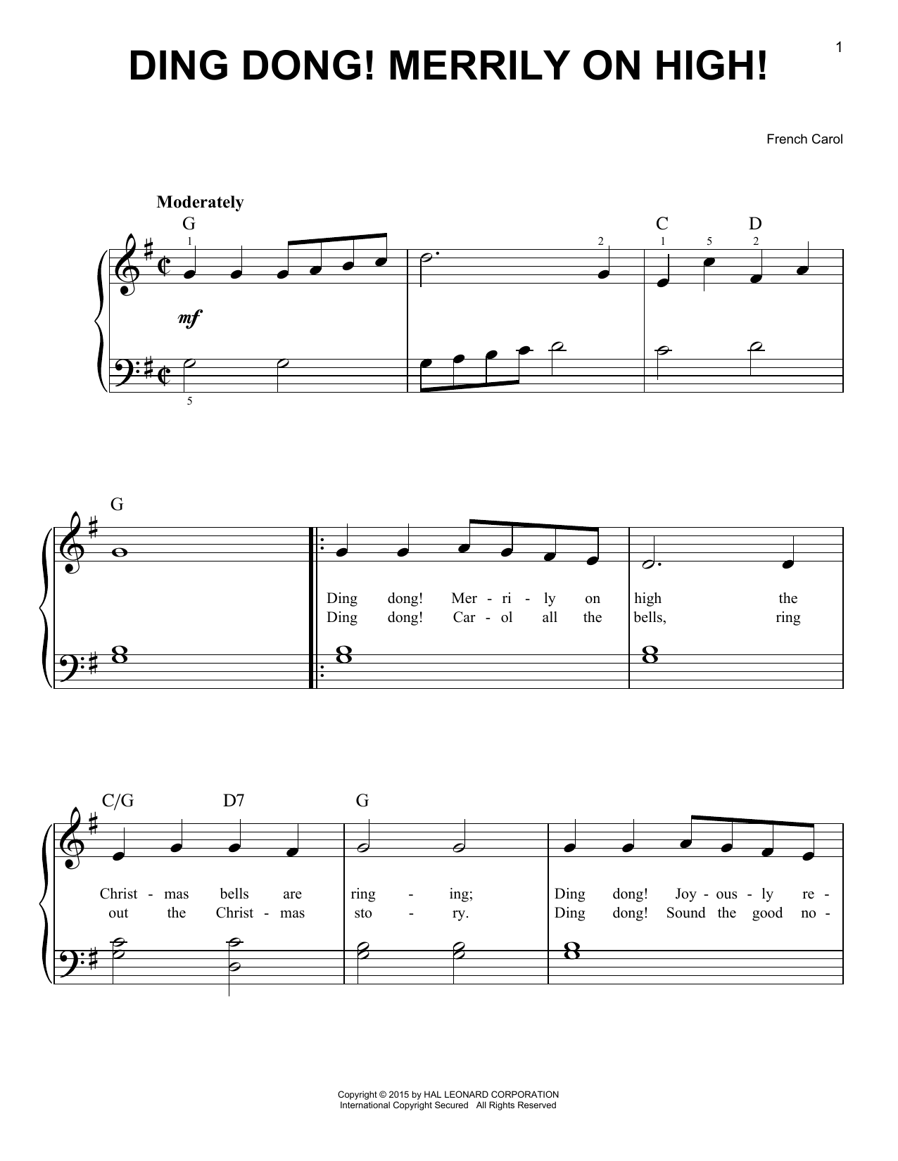 Christmas Carol Ding Dong! Merrily On High! sheet music notes and chords arranged for Easy Piano