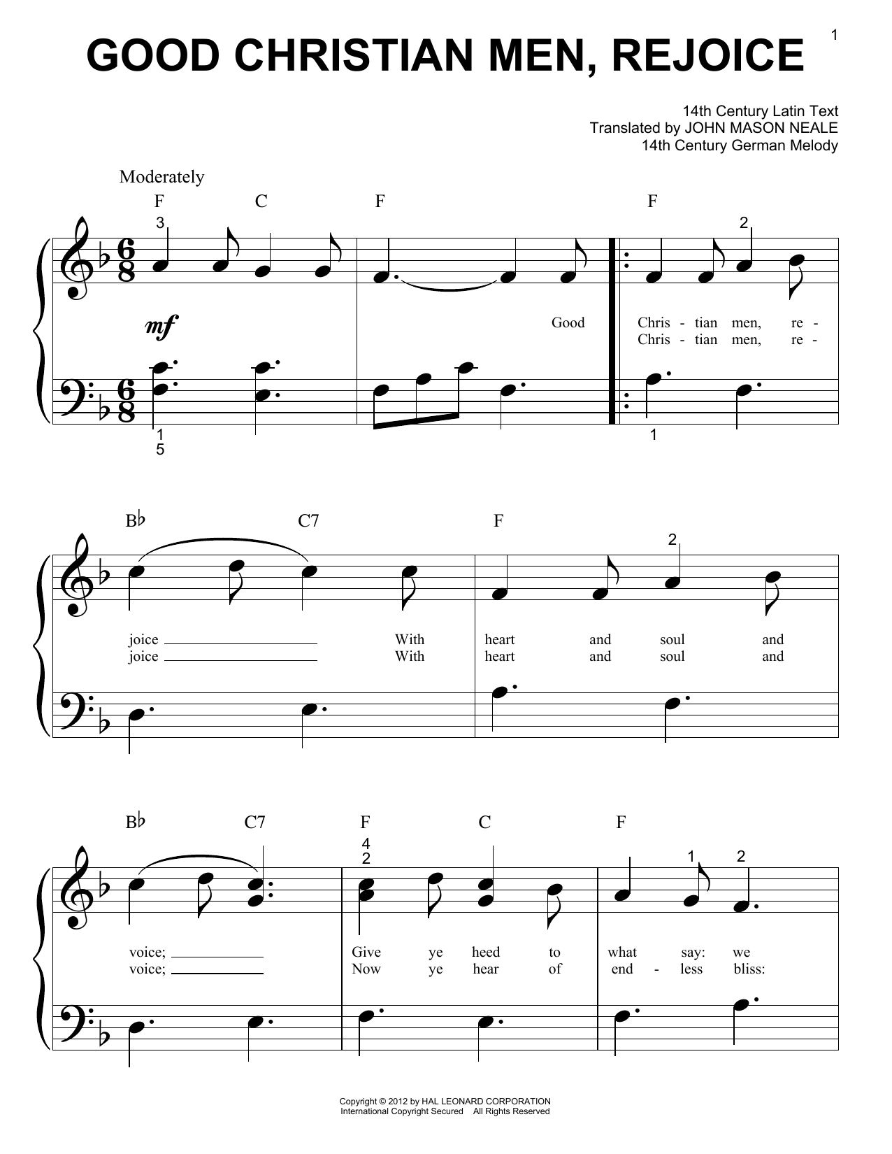 Christmas Carol Good Christian Men Rejoice sheet music notes and chords arranged for Big Note Piano