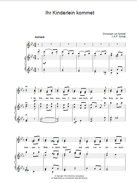 Christmas Carol Ihr Kinderlein Kommet sheet music notes and chords arranged for Piano, Vocal & Guitar Chords