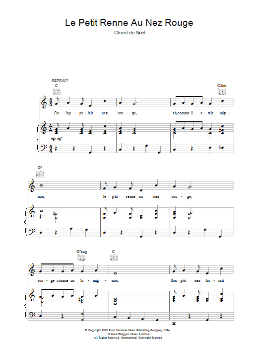 Christmas Carol Le Petit Renne Au Nez Rouge sheet music notes and chords arranged for Piano, Vocal & Guitar Chords